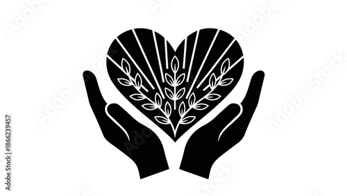 Caring Hands Holding a Heart-Shaped Wheat Grain for Organic Harvest and Sustainable Agriculture, isolated white background.
