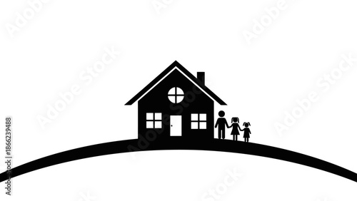 Happy family with a house on a hill, symbolizing home and security on isolated white background