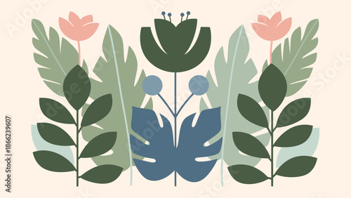 Stylized Floral Illustration with Leaves and Flowers.
