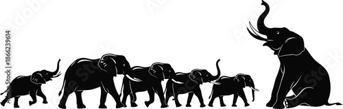 Elephant family walking together silhouette, wildlife animal herd, black and white elephant illustration, mother and baby elephants, safari nature design art