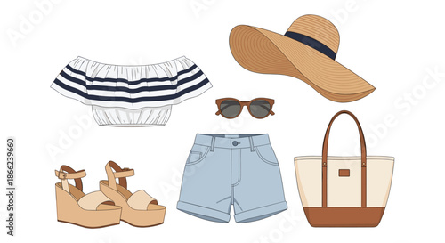 Stylish summer fashion outfit flat lay including a striped crop top, denim shorts, wedge sandals, straw hat, sunglasses, and a tote bag.