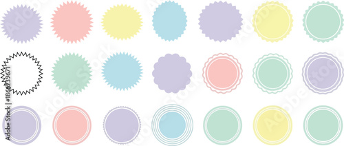 Variety of soft pastel blank circular badges and labels with diverse decorative edges, perfect for graphic design, stickers, and promotional use.