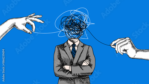 Modern art collage of sketch businessman with tangled chaotic head. Psychology, stress, clarity, mental health, support, coaching, therapy, problem solving concept. Hand drawn vector illustration.