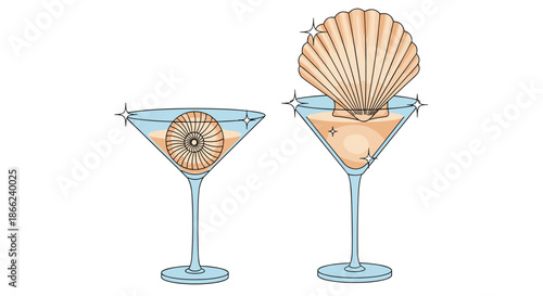 Creative conceptual illustration featuring large sea shells placed inside elegant martini glasses filled with sand or a colored liquid.
