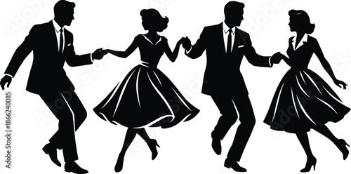 Elegant vintage couples dancing silhouette illustration, retro ballroom swing dancers in classic dresses and suits, romantic music celebration artwork