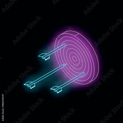 Neon target with arrows hitting the center, symbolizing business success, achievement, and goals