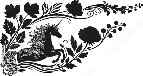 Elegant unicorn silhouette with decorative floral ornament design, fantasy mythical horse artwork, intricate botanical swirl vector illustration for creative graphic projects