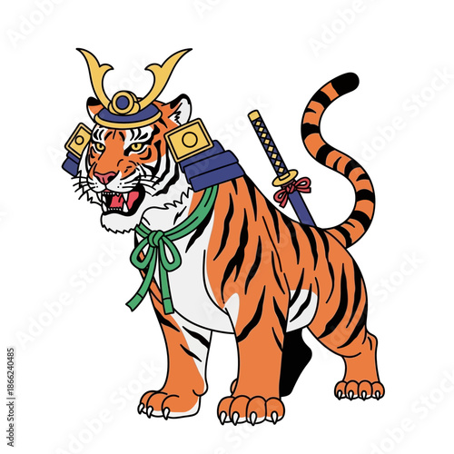 Tiger Samurai Warrior with Katana Sword and Armor, Fierce Grin, White Background