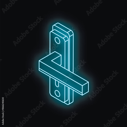 Neon isometric door handle glowing on a black background, representing security, access, and interior design