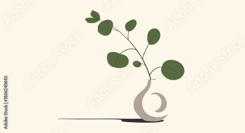 Minimalist botanical illustration featuring a single green eucalyptus branch with round leaves placed in a simple beige ceramic vase.