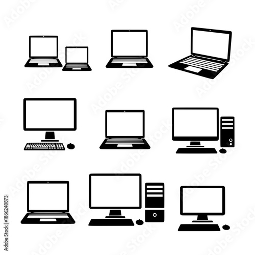 Minimal tech device silhouette vector pack with laptops and desktop computers on white
