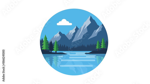 Flat Design Mountain Lake Landscape with Trees and Cloud