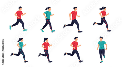 Large set of flat vector illustrations depicting various men and women in athletic wear jogging and running in different poses.
