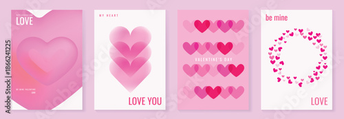 Valentine's Day heart posters set vector background illustration with pink gradients, layered hearts and heart wreath frame. Sweet romantic design for greeting cards, invitations, banners and prints.