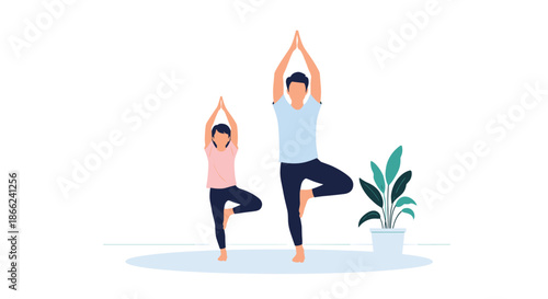 Father and his young daughter practicing the yoga tree pose together in a peaceful indoor environment with a minimalist houseplant.