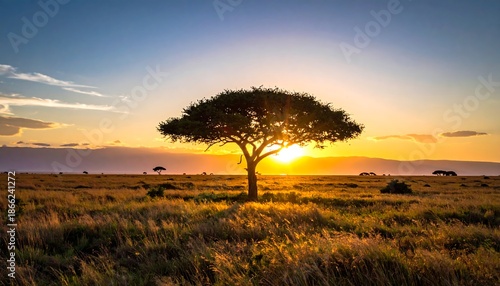 Serene African Savannah Acacia Tree at Golden Hour Sunset.