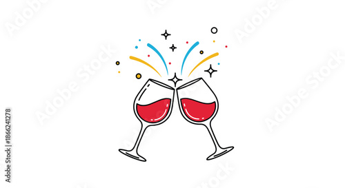 Festive celebration illustration of two wine glasses filled with red wine clinking together with colorful confetti and stars.