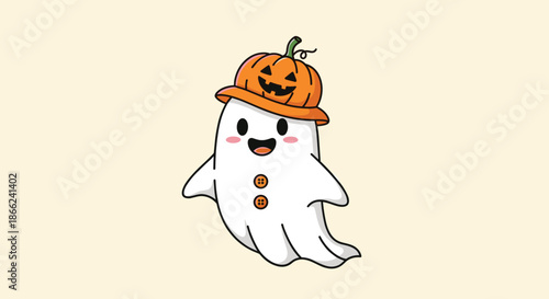 Adorable cartoon ghost character wearing an orange pumpkin hat with a carved face for a cute and spooky Halloween celebration theme.