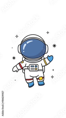 Cute cartoon astronaut floating in space with stars, waving hello