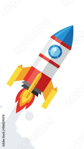 Cartoon Rocket Launching Upwards with Smoke and Flames, Isolated on White Background