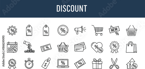Discount icon set, shopping symbols, sale badge, percentage tag, price label, retail promotion, e-commerce deal, coupon icon, gift box, shopping cart, credit card, calendar sale, megaphone alert