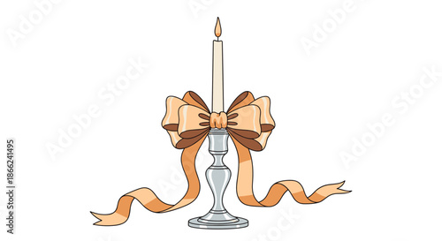 Elegant illustration of a tall lit candle in a silver candlestick holder decorated with a large peach colored silk ribbon bow.