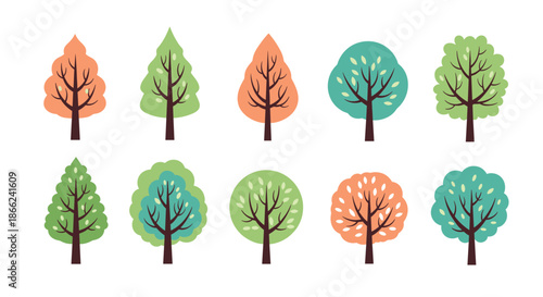 Diverse grid of stylized tree illustrations in various shapes and autumn colors like orange green and blue for landscape design.