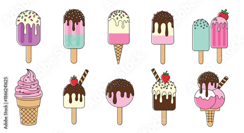 Sweet collection of various ice cream treats including popsicles with chocolate dip and sprinkles and a pink sundae in a cone.