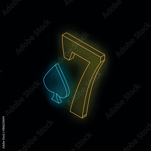Neon glowing seven of spades with blue spade symbol and yellow number seven on a black background