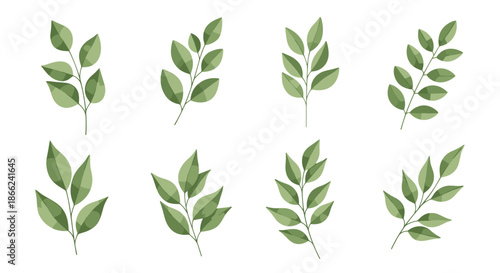 Set of eight identical green leaf branch illustrations arranged in a grid for consistent botanical patterns and nature themes.