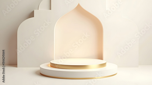 Elegant cream and gold podium display with an Islamic arch background for product presentation