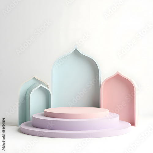 Pastel Islamic arch podium display for product presentation