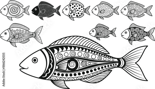 Decorative fish vector illustration with tribal patterns, abstract ocean art design, black and white aquatic animal drawing, marine tattoo style