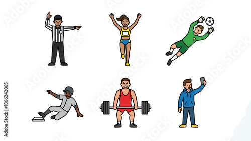 Diverse Sports and Athletic Activities Icon Set with Referee, Athletes, and Fan Illustrations