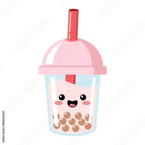 Cute Kawaii Boba Tea Cup with Happy Face, Pink Drink and Tapioca Pearls