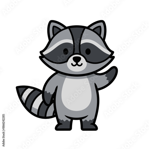 Cute Raccoon Waving Hand, Cartoon Style, Isolated on White Background