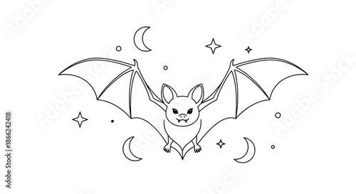 Simple black and white line art illustration of a bat flying in the night sky surrounded by crescent moons and twinkling stars.