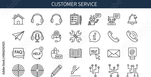 Customer service icons, support tools, headset, help desk, FAQ, chatbot, communication, contact center, call, assistance, info, email, phone, repair, inquiry, feedback