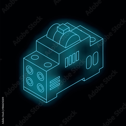 Neon glowing blue isometric circuit breaker on a black background representing electrical engineering, power distribution, and safety