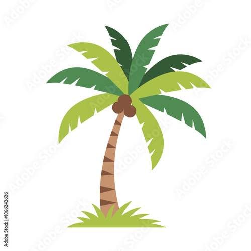 Vibrant Tropical Palm Tree with Coconuts, Flat Design, Isolated White Background
