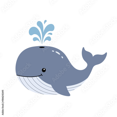 Cute cartoon whale spouting water, isolated on white background, vector illustration