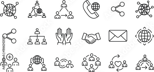 Communication icons, global networking, organizational structure, team collaboration, email, handshake, hierarchy, messaging, connection, support, exchange, interface