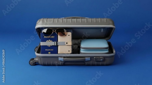 An open gray suitcase with neatly packed travel essentials on a blue background