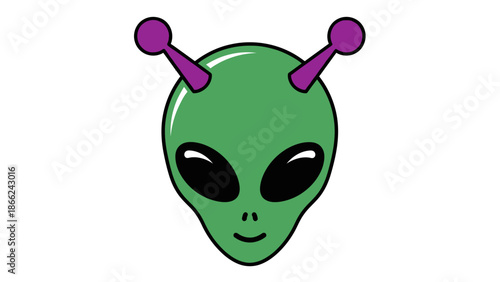 Green Alien Head Icon with Purple Antennae - UFO Extraterrestrial Symbol