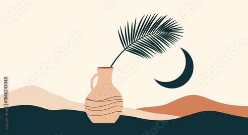 Minimalist abstract landscape illustration featuring desert hills, a crescent moon, and a decorative vase holding a large palm leaf.
