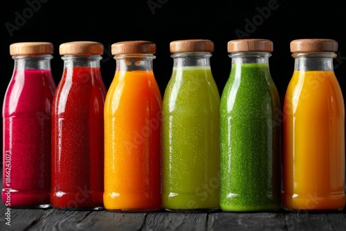 Colorful glass bottles filled with pressed juices are arranged on a dark wooden surface. Each bottle contains a different juice color, showing healthy drink options Generative AI