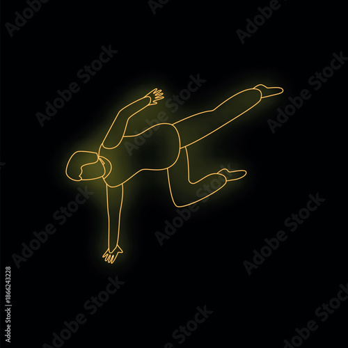 Yellow neon glow silhouette of a businessman flying through the air, representing concepts of freedom, success, and overcoming challenges