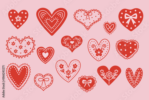 Hand drawn folk hearts illustration set in cozy Scandinavian style. Naive doodle romantic elements with decorative patterns. Perfect for Valentines Day, wedding, cards, stickers and wrapping paper.