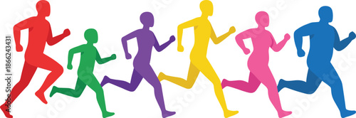 Colorful running people silhouettes illustration, representing fitness diversity teamwork movement energy motivation healthy lifestyle and active sport concept design