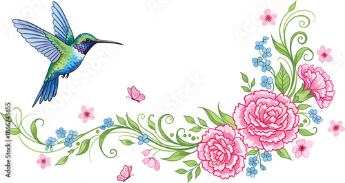 Beautiful hummingbird flying near pink rose floral arrangement with butterflies and ornamental swirls vector illustration for spring wedding invitations and nature greeting cards.